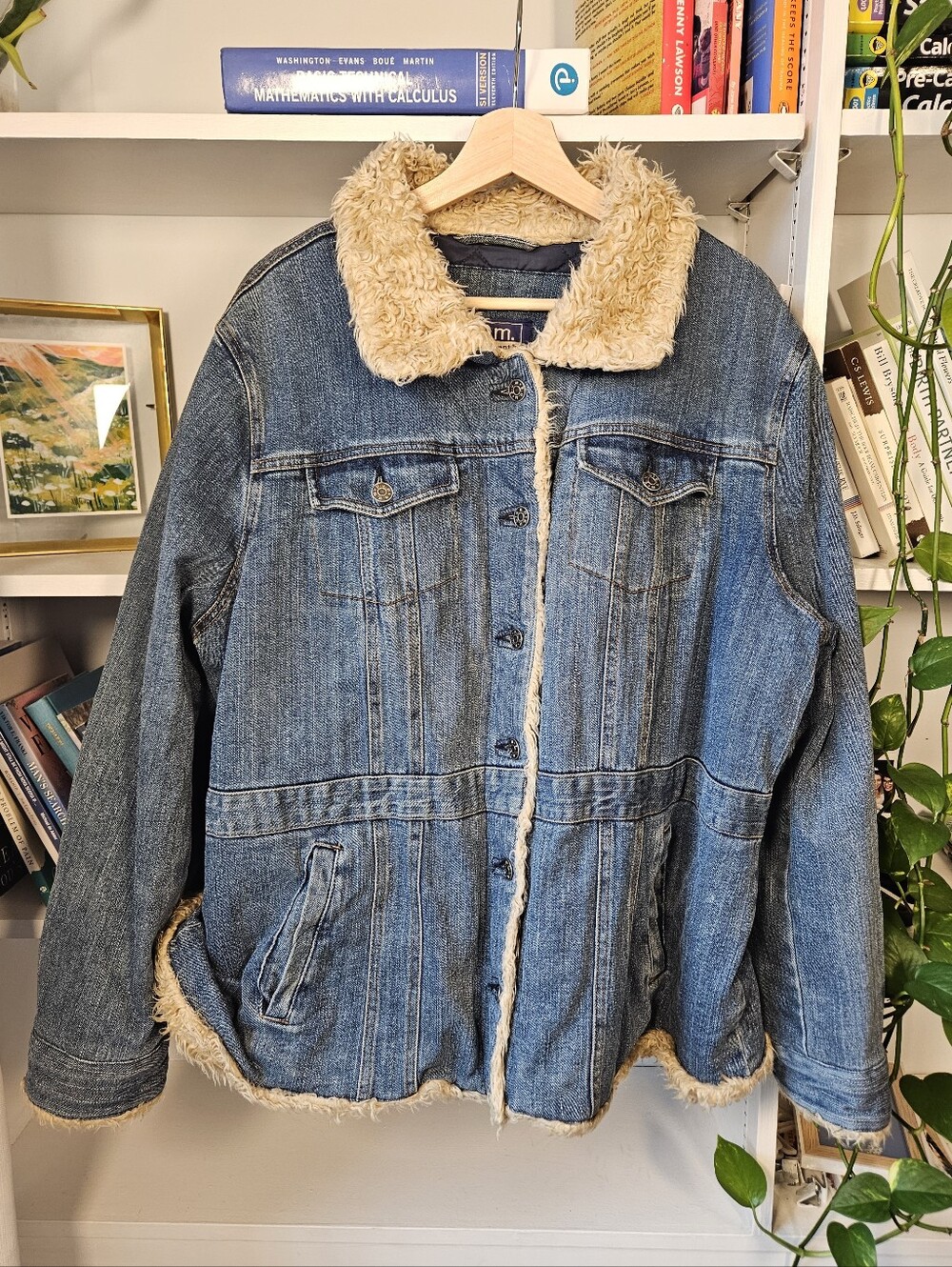 Vintage Bum Equipment Blue Denim Jacket with Cream Faux-Sherpa Trim Size 2X